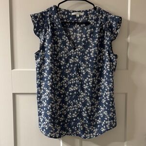 fun 2 fun Blue and White Floral V-Neck Cap Sleeve Blouse